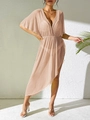 Detail of nude pink irregular beach cover-up with elastic waist and ruffled sleeves - One Size / Nude