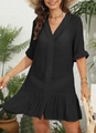 Detalle de vestido playero negro con cuello en V, botones y dobladillos con volantes - S / Negro