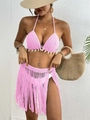 Pink crochet bikini set with natural shell trim and long tassel beach wrap skirt - One Size / Top And Bottom / Apricot