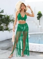 Detail of green handmade crochet bikini top and matching long tassel beach skirt set - One Size / White
