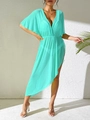 Detalle del vestido de playa de malla verde menta con cuello en V y dobladillo irregular - Talla única / Verde Lago