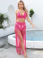Detail of rose red crochet bikini top and matching long fringe skirt for beachwear - One Size / Top And Bottom / Rose Red