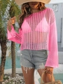 Neon pink knit beach cover-up top with long flared sleeves and open crochet mesh texture - One Size / Tops / Pink