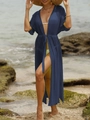 Navy blue sheer beach cover-up with waist tie and split leg detail for swimwear - Tops / Navy Blue