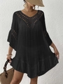 Women's black crochet beach cover-up with V-neck, hollow geometric knit and tassels - One Size / Top And Bottom / Black