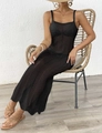 Detail view of black crochet knit texture and straps on a boho beach maxi dress - S / Black