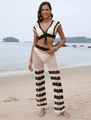 Detail of bohemian crochet beach set with V-neck top and striped wide leg pants - S / Top And Bottom / Apricot