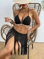 Detail view of black crochet knit bikini top with shells and long fringed tassel skirt - Black