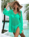 Detail von grünem Strand-Cover-up mit V-Ausschnitt und hohlem Strickmuster-Design - Einheitsgröße / Seegrün
