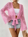 Detail of pink crochet cardigan with flared sleeves and lace-up front bow closure - One Size / Pink