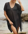 Detail view of black crochet beach cover-up with hollow patterns and side tassels - Black