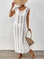 Detalle de vestido playero de ganchillo blanco con diseño calado de rayas verticales finas - Talla única / Blanco