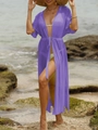 Detail of sheer purple mesh beach cover-up featuring a waist-tie design and flowy fabric - Tops / Purple