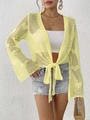 Close-up of light yellow crochet cardigan featuring bell sleeves and bow tie closure - One Size / Yellow & Green