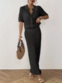 Women's black knit two-piece set featuring crochet polo cardigan and bodycon maxi skirt - S / Top And Bottom / Black