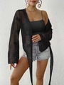 Women's black crochet cardigan with bell sleeves and bow tie closure for beach resort wear - One Size / Black