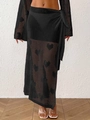 Women's two-piece black crochet beach set featuring heart patterns and wrap skirt - One Size / Bottoms / Black