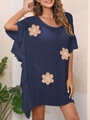 Detail of navy blue tunic featuring woven flower patches and ruffled sleeves - One Size / Top (Style 3Xh) / Blue