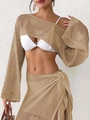 Détail de l'ensemble de plage en crochet ajouré à motif cœur avec haut court et jupe portefeuille - Taille unique / Khaki