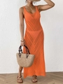 Close-up of orange crochet knit texture on a V-neck hollow out beach cover-up dress - One Size / Bottoms / Orange