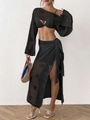 Détails de l'ensemble de plage en crochet noir avec motifs cœurs ajourés et liens à nouer - Taille unique / Noir