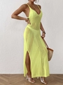 Sexy neon green crochet midi dress with side slit and V-neck for beach vacations - One Size / Yellow & Green