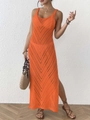 Sexy oranges Häkel-Strandkleid in Maxi-Länge mit Wellenmuster und Seitenschlitzen - Einheitsgröße / Orange