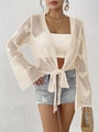 Detailed knit pattern on beige crochet cardigan with flare sleeves and lace-up waist - One Size / Apricot