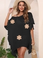 Detail of loose black summer dress featuring three beige straw sunflower appliques - One Size / Tops / Black