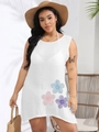 Detailed view of white plus size beach cover-up with delicate floral embroidery accents - 0XL / Tops / White