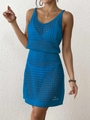 Detail of bright blue hollow-out knit dress with sea star pendants for beach vacations - Blue