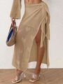 Detail of beige knit heart pattern beach cover-up set with side tie slit skirt - One Size / Bottoms / Khaki