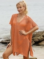 Detail of orange crochet beach cover-up with hollow knit texture and tassel drawstrings - Orange
