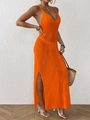 Detail of orange hollow-out knit dress with V-neck, high side slit and intricate texture - One Size / Orange