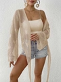 Detail of crochet knit cardigan showing flared sleeves and woven texture in beige - One Size / Khaki