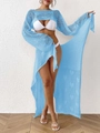 Light blue crochet two-piece set featuring heart cutout top and tie-waist slit skirt - One Size / Top And Bottom / Blue