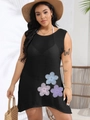 Detail of floral embroidery on a black sleeveless plus size beach cover up dress - 0XL / Tops / Black