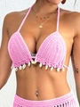 Makroaufnahme von rosa handgehäkeltem Bikini-Oberteil mit weißen Muschel-Details - Einheitsgröße / Oberteile / Rosa