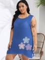 Detail of 3D floral embroidery and sequins on blue plus size beach dress cover up - 0XL / Tops / Blue