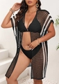 Close-up of crochet knit texture and black and white contrast on beach cover-up - One Size / Black