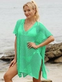Vibrant green knit beach cover-up with V-neck and adjustable side drawstrings - Green