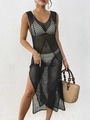 Vestito da spiaggia sexy all'uncinetto nero con scollo a V profondo e spacco laterale alto - Taglia unica / Nero