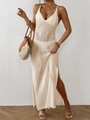 Detailed view of beige crochet knit long dress with diamond patterns and side split - One Size / Light Apricot