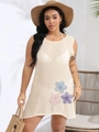Detail of beige lace beach cover-up with colorful sequin floral embroidery and sheer fabric - 0XL / Tops / Apricot