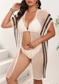 Detailed knit texture of beige crochet beach cover-up with black stripe accents - One Size / Apricot
