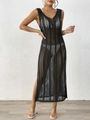 Elegantes schwarzes Häkel-Strandkleid mit ärmellosem Hohlstrickmuster und Seitenschlitz - Einheitsgröße / Schwarz