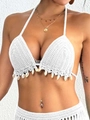 Handmade white crochet bikini top for women with natural shell fringe and halter neck tie - One Size / White