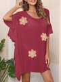 Close-up of wine red summer dress featuring ruffle sleeves and beige floral embroidery - One Size / Top (Style 3Xh) / Wine Red