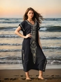 Robe de plage longue noire bohème avec broderies florales et décolleté en V profond - Taille unique / Noir