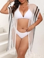 Detail of crochet knit beach cover-up with contrast black and white hollow mesh texture - One Size / White